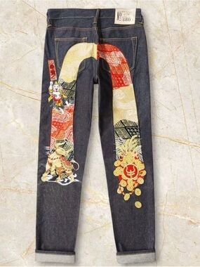 Evisu Dark Denim Straight-Leg Jeans with Red and Gold Embroidered Panels